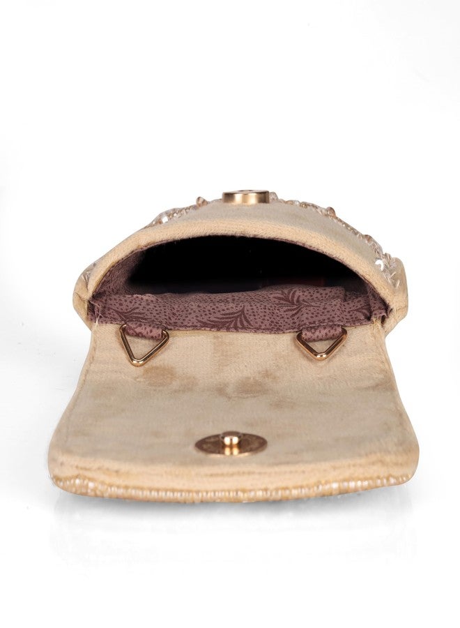 JI ACCESSORIES Velvet Saree Clutch Mobile Pouch Waist Clip Ladies Purse Gift For Women (FLOWER LIGHT BROWN) - Image 5